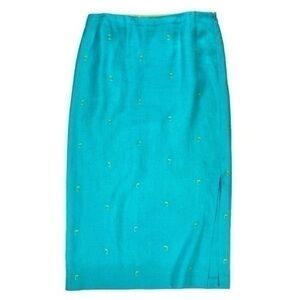 David Brooks Linen Skirt Womens 14 Teal Blue Embroidered Palm‎ Tree Zipper Midi